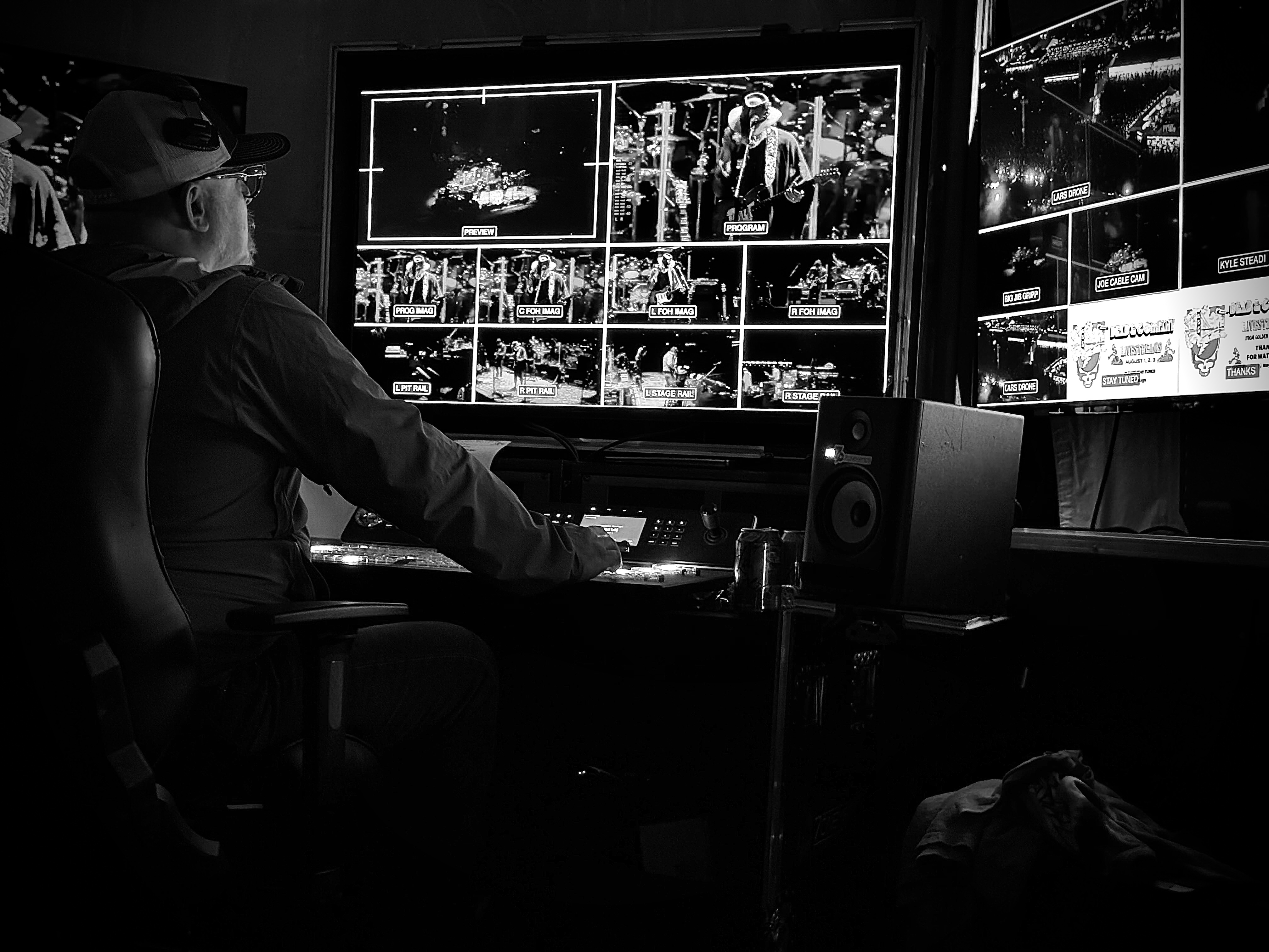 Black-and-white view of a live production control room